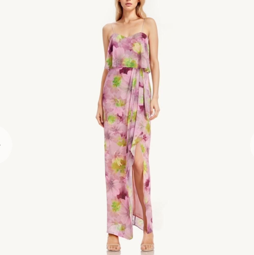 Badgley Mischka Strapless Floral Georgette Dress w/ Popover Bodice & Front Slit